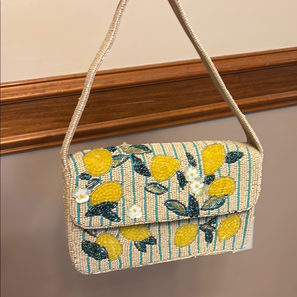 Lemon Embellished Woven Shoulder Bag